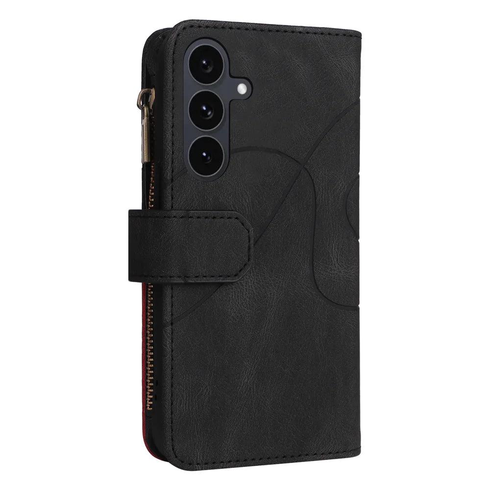 For Samsung Galaxy S25 FE Leather Case with Strap Zipper 9 Card Slot Phone Cover Stand - Black - 7