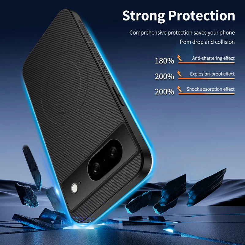 WANLONFENG For Google Pixel 8 Magnetic Case  TQ1 Series Carbon Fiber Texture PC TPU Phone Cover with 2Pcs Screen Films - Black - 2