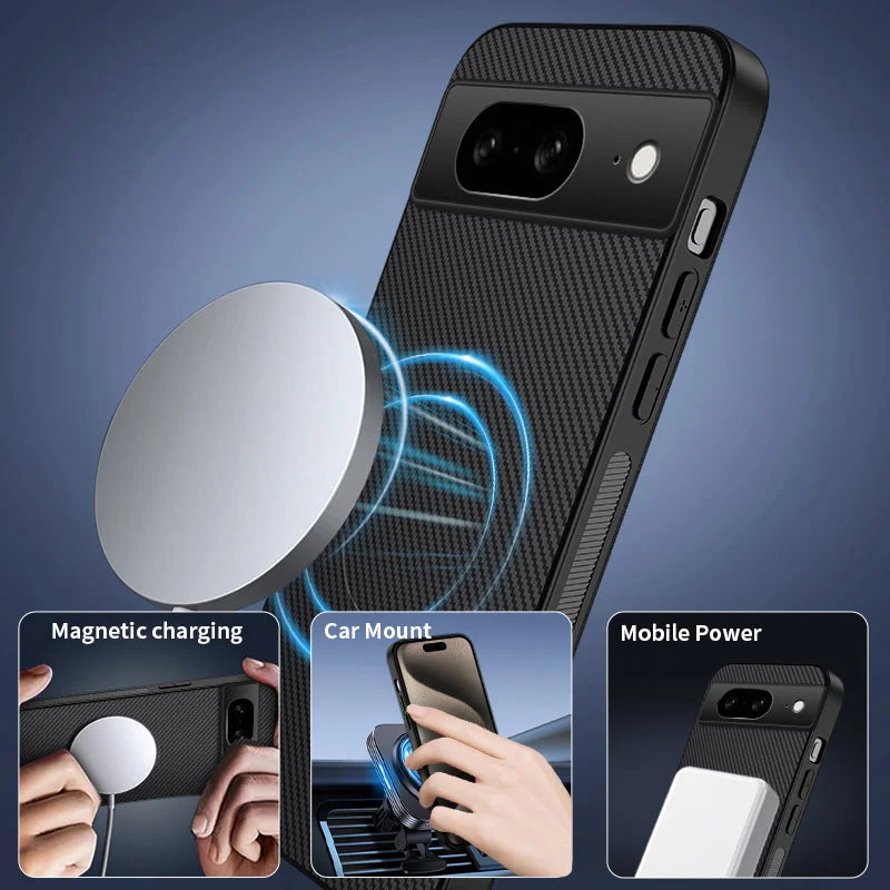 WANLONFENG For Google Pixel 8 Magnetic Case  TQ1 Series Carbon Fiber Texture PC TPU Phone Cover with 2Pcs Screen Films - Black - 4
