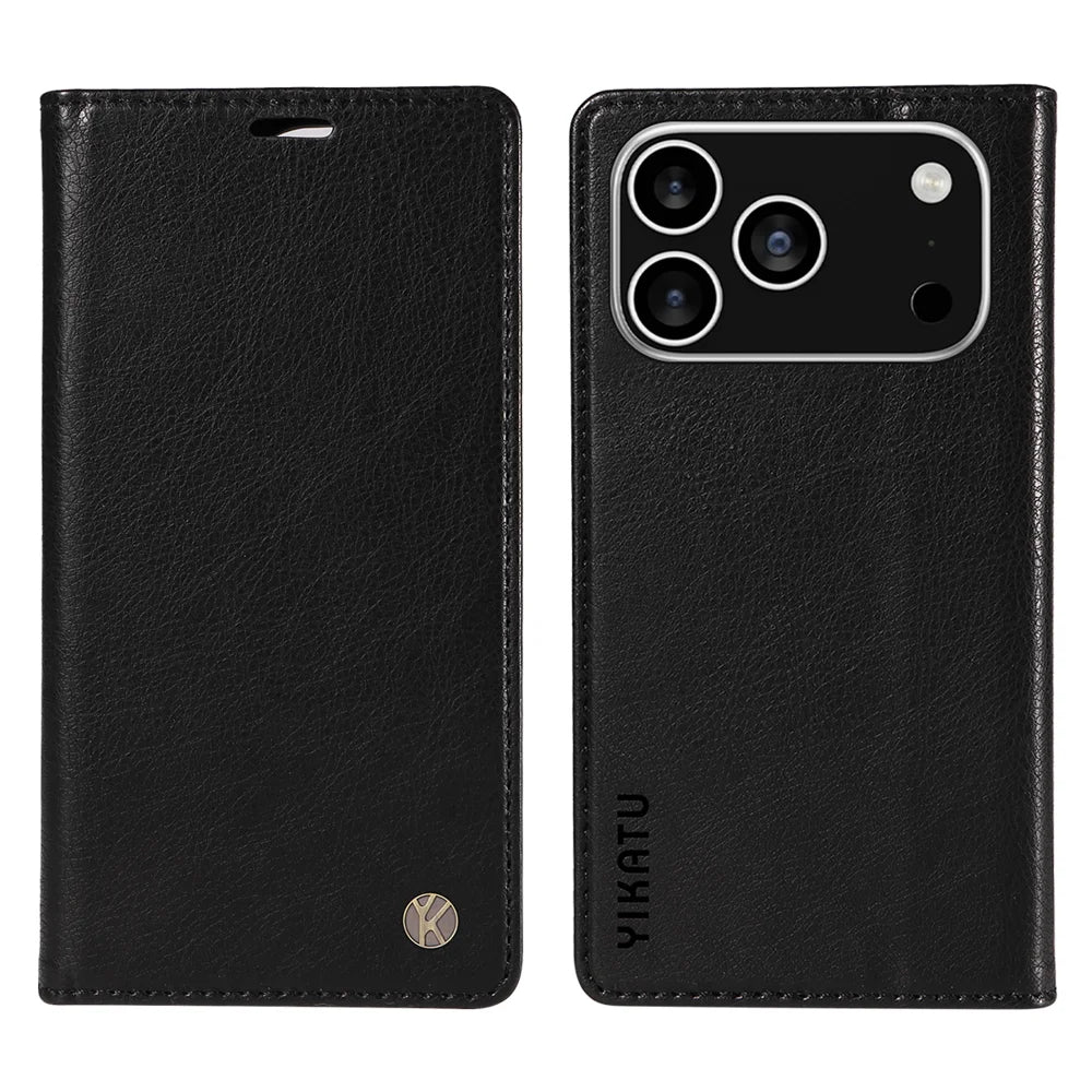YIKATU For iPhone 18 Pro / 17 Pro Wallet Case  YK-006 Magnetic Closure Leather Phone Cover Litchi Texture - Black - 1