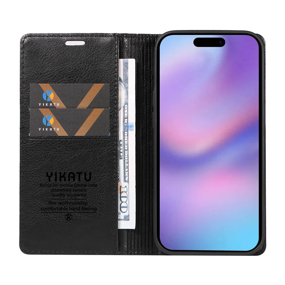 YIKATU For iPhone 17 Wallet Case  YK-006 Magnetic Closure Leather Phone Cover Litchi Texture - Black - 2