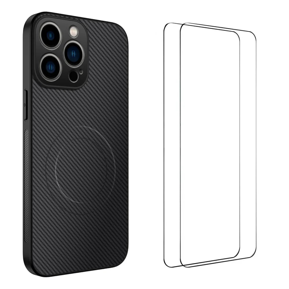 WANLONFENG For iPhone 16 Pro Magnetic Case  TQ1 Series Carbon Fiber Texture PC TPU Phone Cover with 2Pcs Screen Films - Black - 1