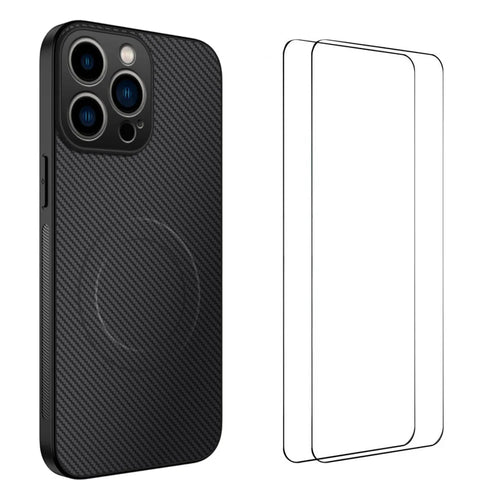 WANLONFENG For iPhone 16 Pro Magnetic Case  TQ1 Series Carbon Fiber Texture PC TPU Phone Cover with 2Pcs Screen Films - Black - 1