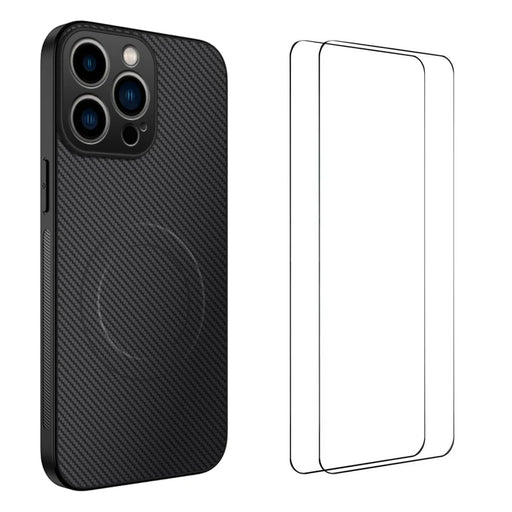 WANLONFENG For iPhone 16 Pro Magnetic Case  TQ1 Series Carbon Fiber Texture PC TPU Phone Cover with 2Pcs Screen Films - Black - 1