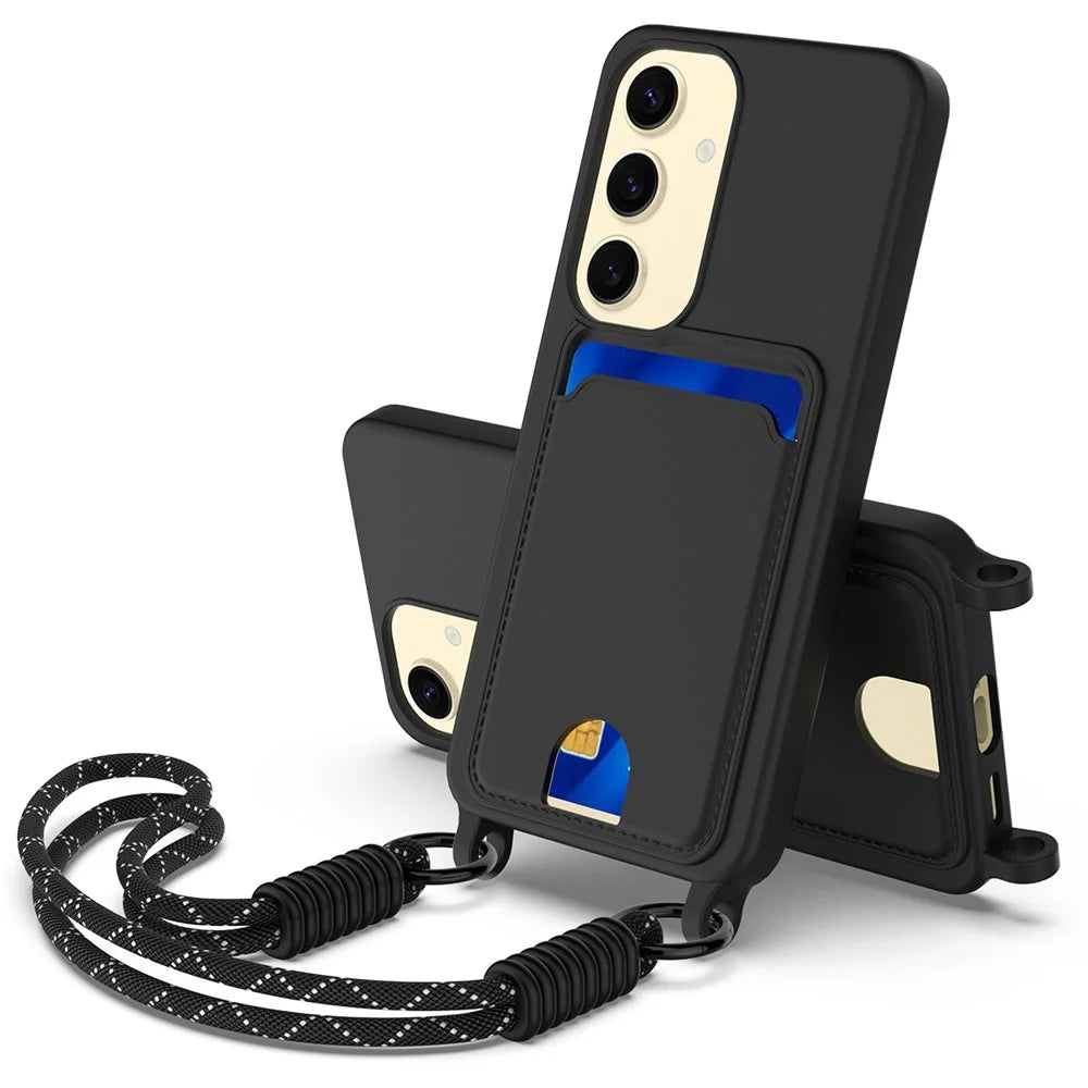 For Samsung Galaxy S25 Liquid Silicone Case  Phone Back Cover with Card Holder and Short Strap - Black - 1
