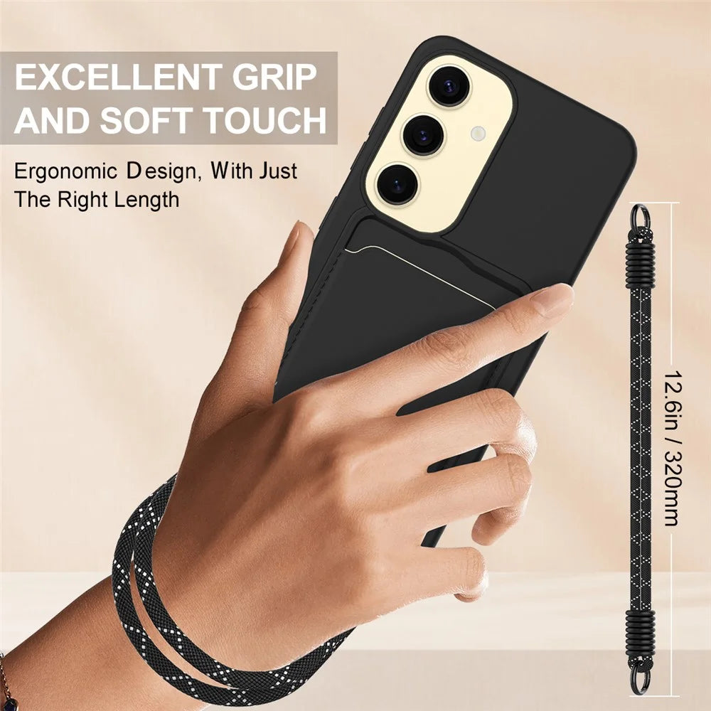 For Samsung Galaxy S25 Liquid Silicone Case  Phone Back Cover with Card Holder and Short Strap - Black - 3