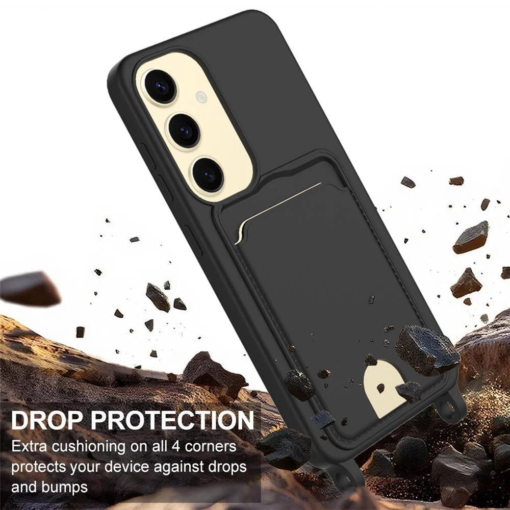 For Samsung Galaxy S25 Liquid Silicone Case  Phone Back Cover with Card Holder and Short Strap - Black - 5