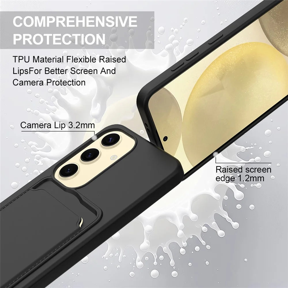 For Samsung Galaxy S25 Liquid Silicone Case  Phone Back Cover with Card Holder and Short Strap - Black - 7