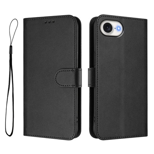 For iPhone 17e / 16e Wallet Case RFID Blocking Calf Texture Leather Stand Phone Cover with Strap - Black - 1