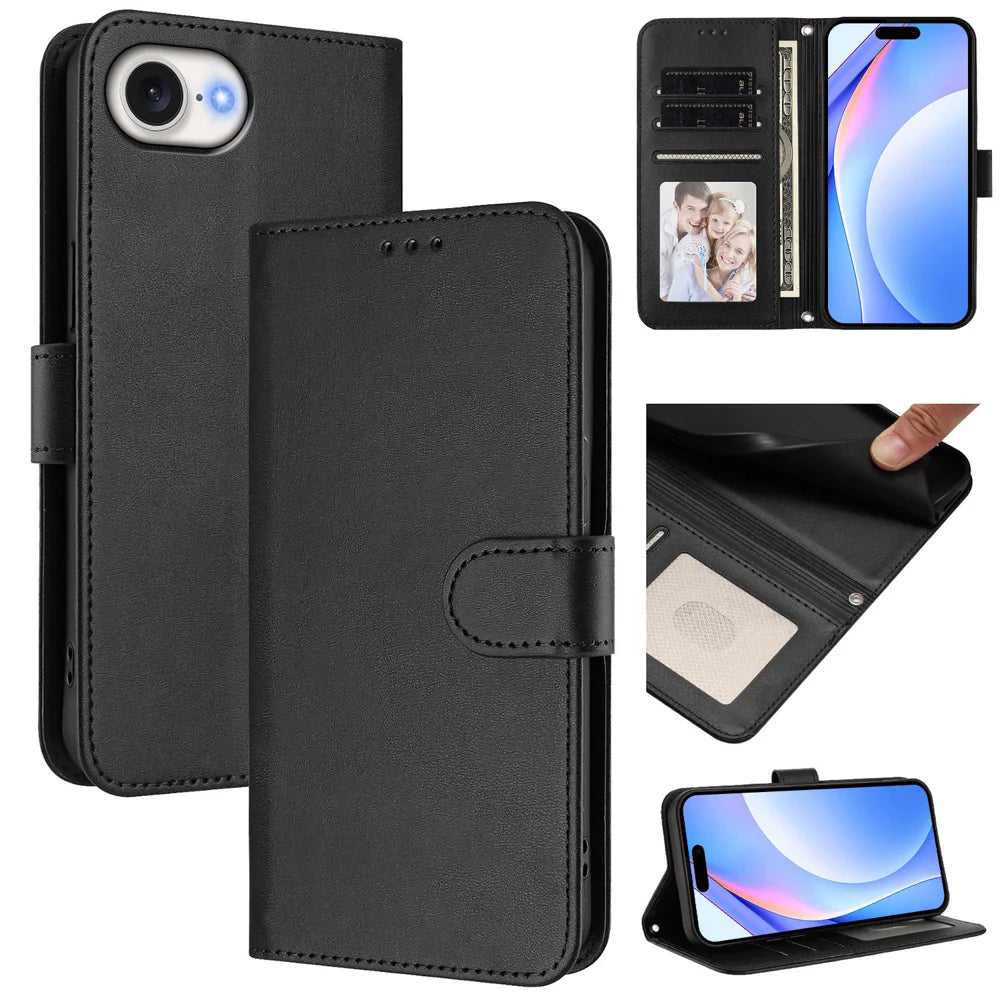 For iPhone 17e / 16e Wallet Case RFID Blocking Calf Texture Leather Stand Phone Cover with Strap - Black - 2