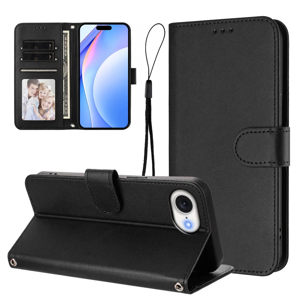 For iPhone 17e / 16e Wallet Case RFID Blocking Calf Texture Leather Stand Phone Cover with Strap - Black - 3