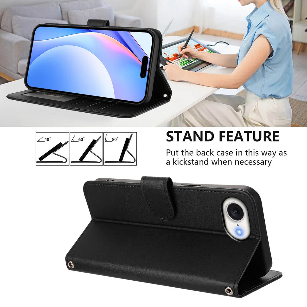 For iPhone 17e / 16e Wallet Case RFID Blocking Calf Texture Leather Stand Phone Cover with Strap - Black - 4