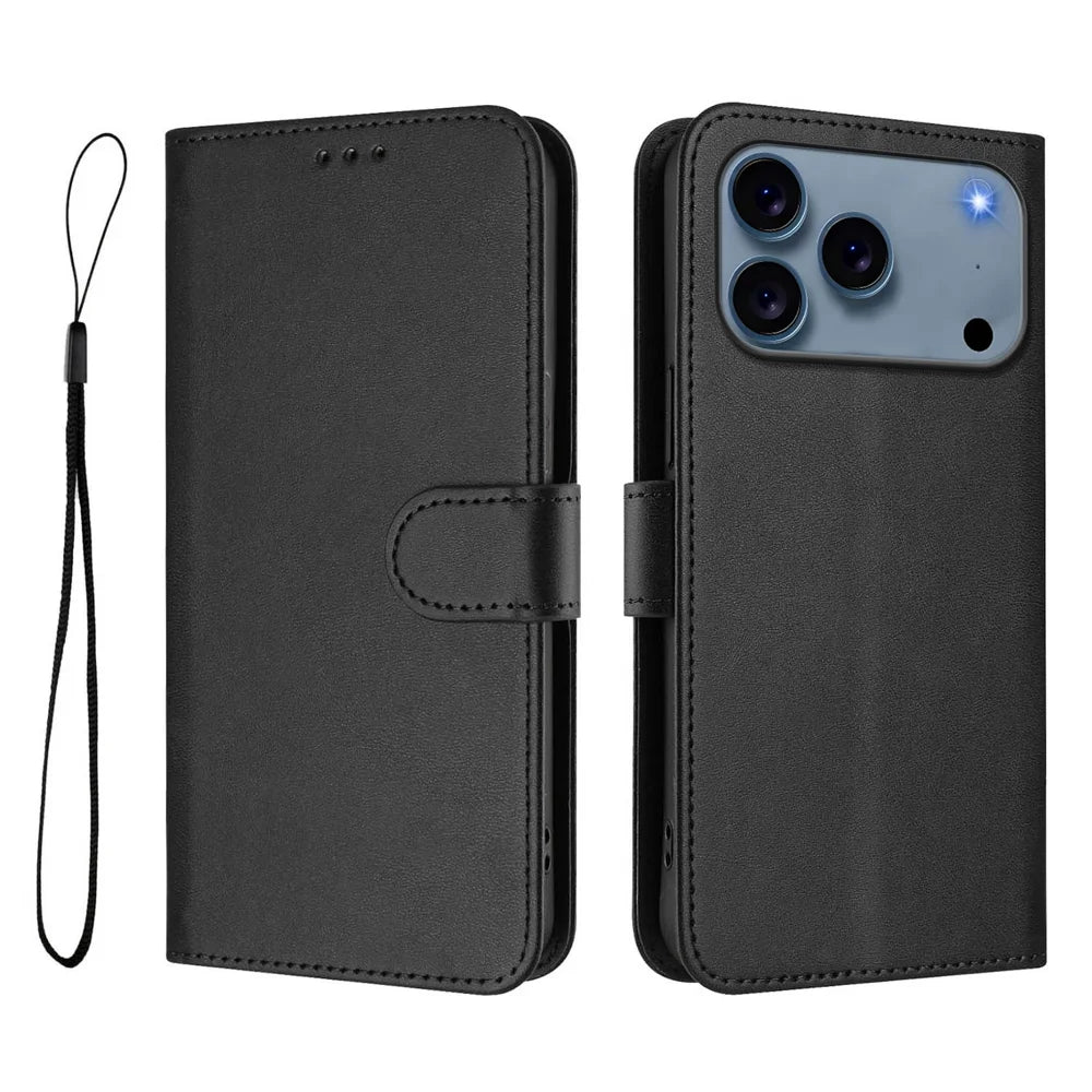 For iPhone 18 Pro / 17 Pro Wallet Case RFID Blocking Calf Texture Leather Stand Phone Cover with Strap - Black - 1