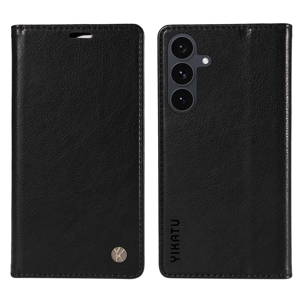 YIKATU For Samsung Galaxy S25 FE Wallet Case  YK-006 Magnetic Closure Leather Phone Cover Litchi Texture - Black - 1