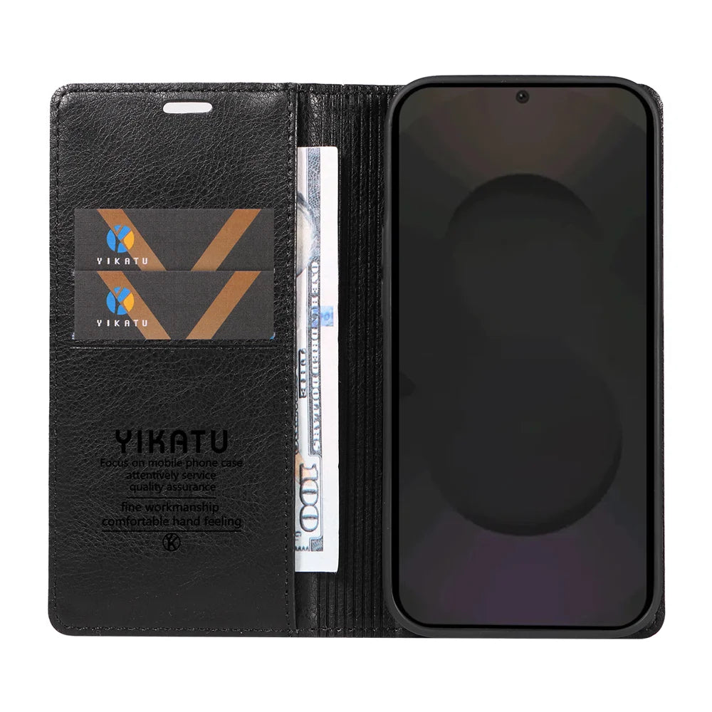 YIKATU For Samsung Galaxy S25 FE Wallet Case  YK-006 Magnetic Closure Leather Phone Cover Litchi Texture - Black - 2