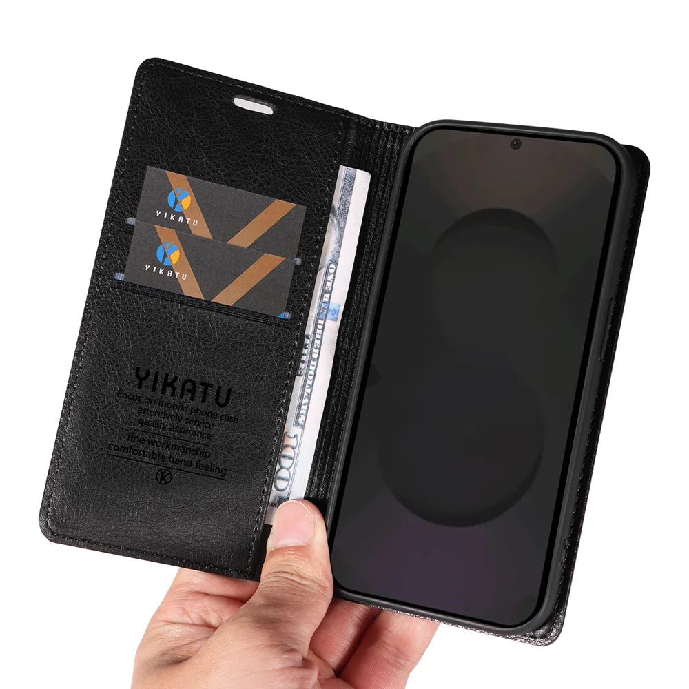 YIKATU For Samsung Galaxy S25 FE Wallet Case  YK-006 Magnetic Closure Leather Phone Cover Litchi Texture - Black - 7