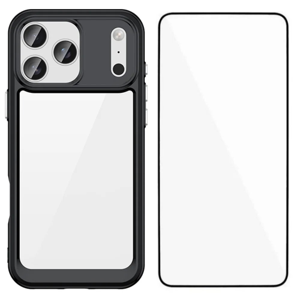 WANLONFENG For iPhone 17 Pro Back Cover  XC Series TPU Acrylic Phone Case with Tempered Glass Film - Black - 1