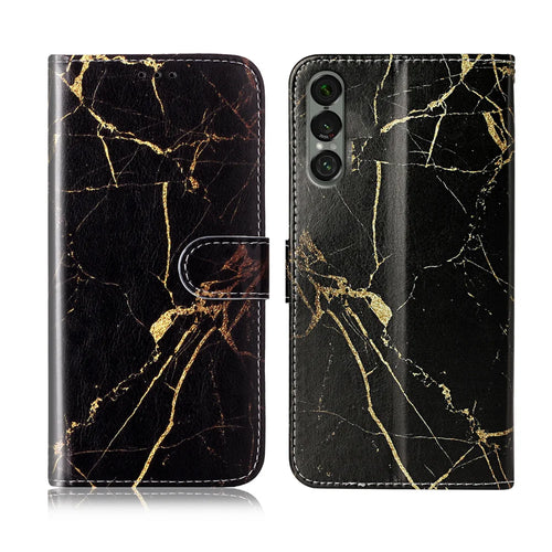 For Sony Xperia 1 VII Stand Case Marble Painted Folio Flip Leather Wallet Phone Cover - Black Gold Marble - 1