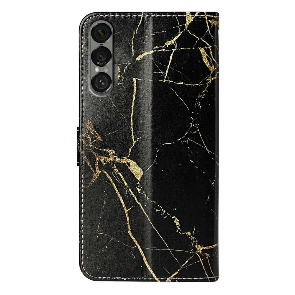 For Sony Xperia 1 VII Stand Case Marble Painted Folio Flip Leather Wallet Phone Cover - Black Gold Marble - 2