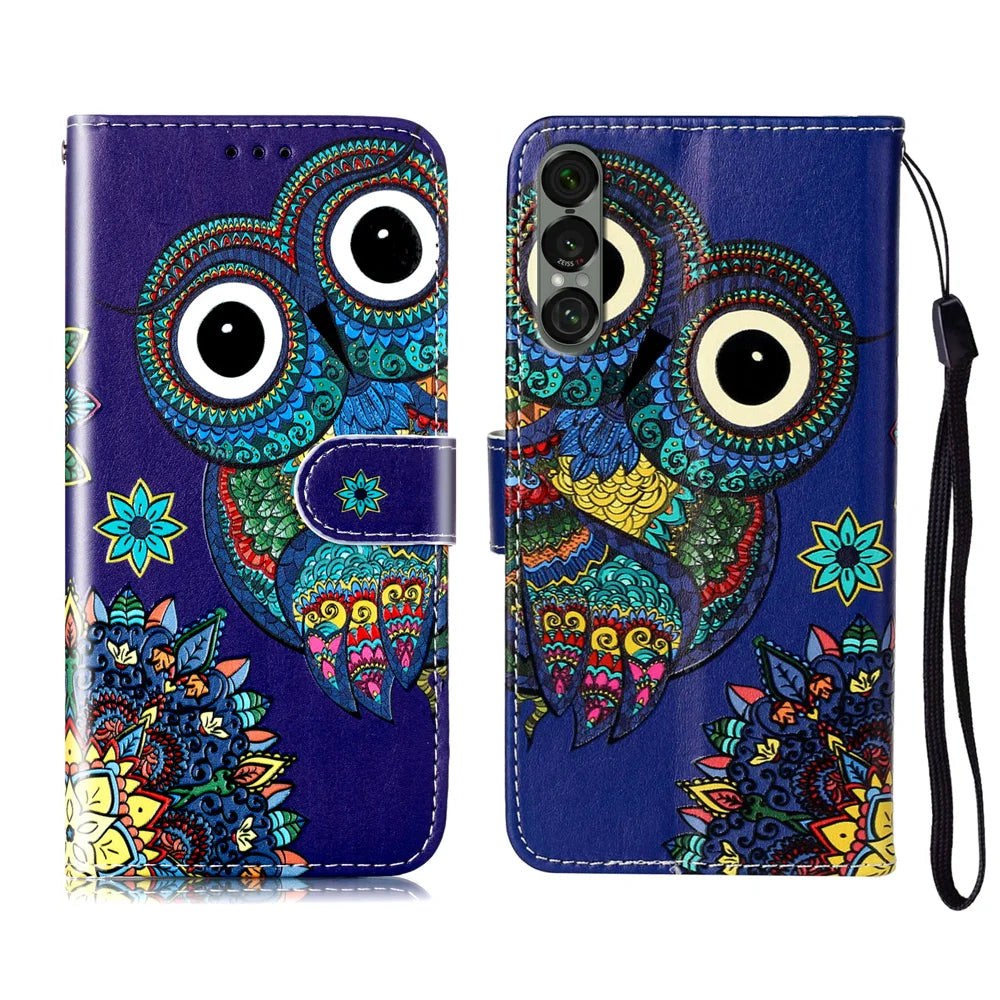 For Sony Xperia 1 VII Case Pattern Leather Wallet Phone Cover with Strap - Blue Owl - 1