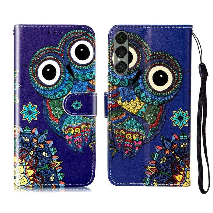 For Sony Xperia 1 VII Case Pattern Leather Wallet Phone Cover with Strap - Blue Owl - 1