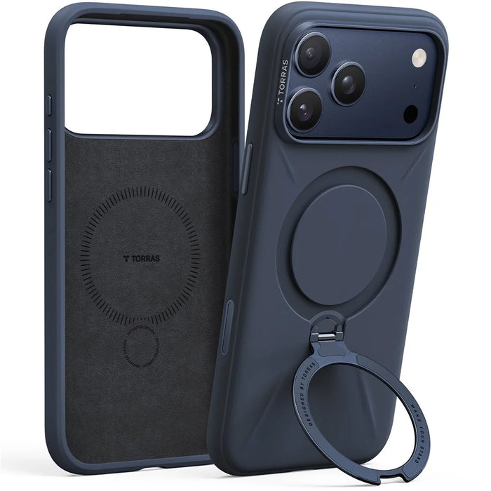 TORRAS Ostand Q3 Silicone Series For iPhone 17 Pro Max Case Magnetic Ring Kickstand Liquid Silicone + PC Phone Cover - Midnight Blue - 1