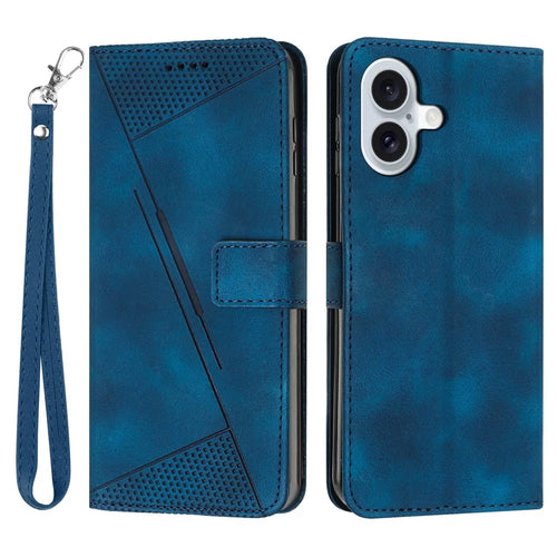 For iPhone 17 Leather Case Imprinted Triangle Phone Cover with Hand Strap - Sapphire - 1
