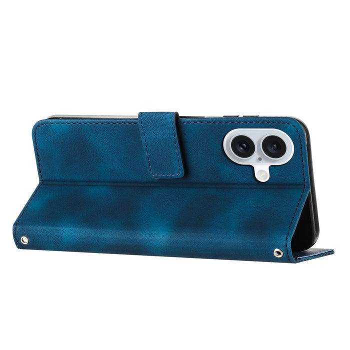 For iPhone 17 Leather Case Imprinted Triangle Phone Cover with Hand Strap - Sapphire - 3