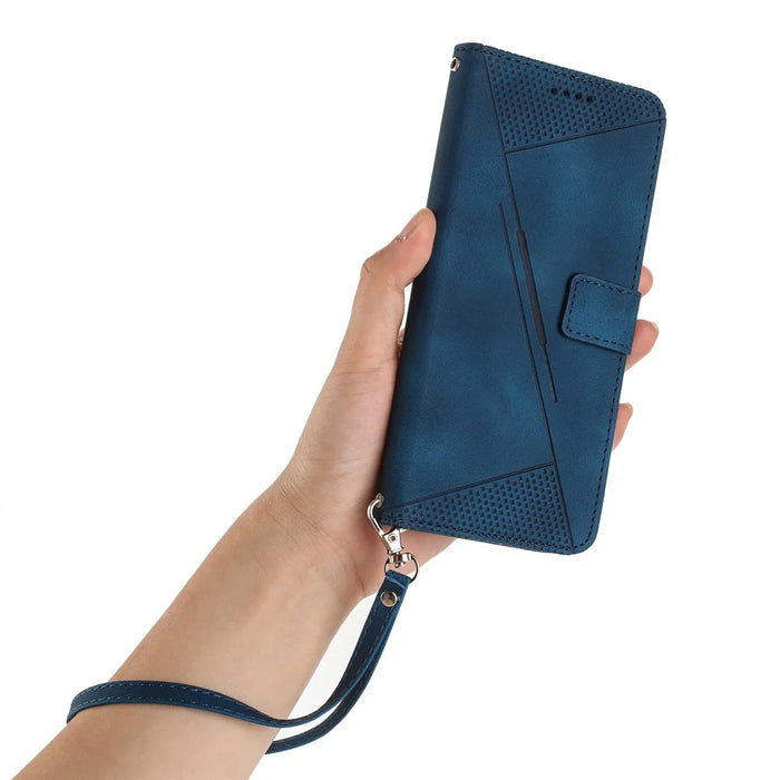 For iPhone 17 Leather Case Imprinted Triangle Phone Cover with Hand Strap - Sapphire - 4