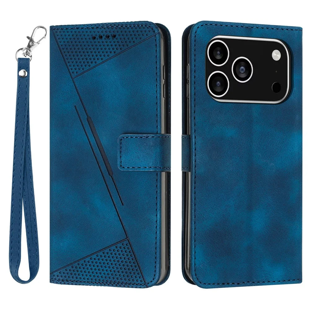 For iPhone 18 Pro / 17 Pro Leather Case Imprinted Triangle Phone Cover with Hand Strap - Sapphire - 1