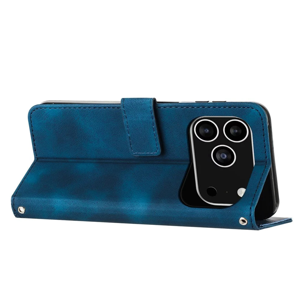 For iPhone 18 Pro / 17 Pro Leather Case Imprinted Triangle Phone Cover with Hand Strap - Sapphire - 3