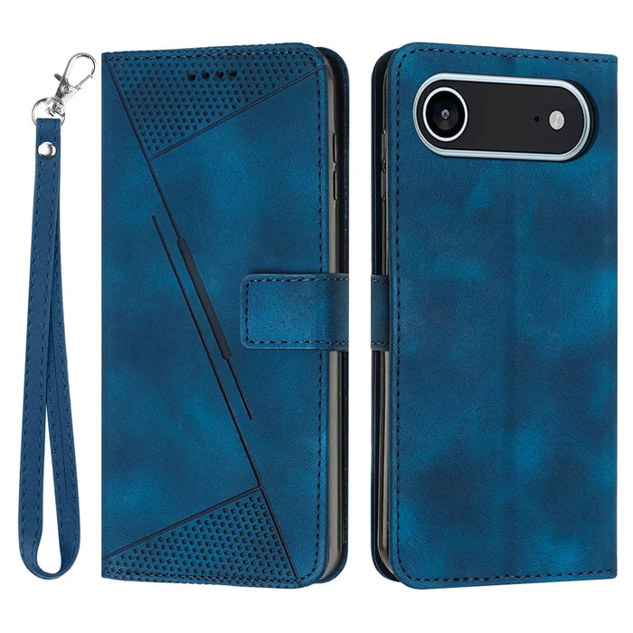 For iPhone Air Leather Case Imprinted Triangle Phone Cover with Hand Strap - Sapphire - 1