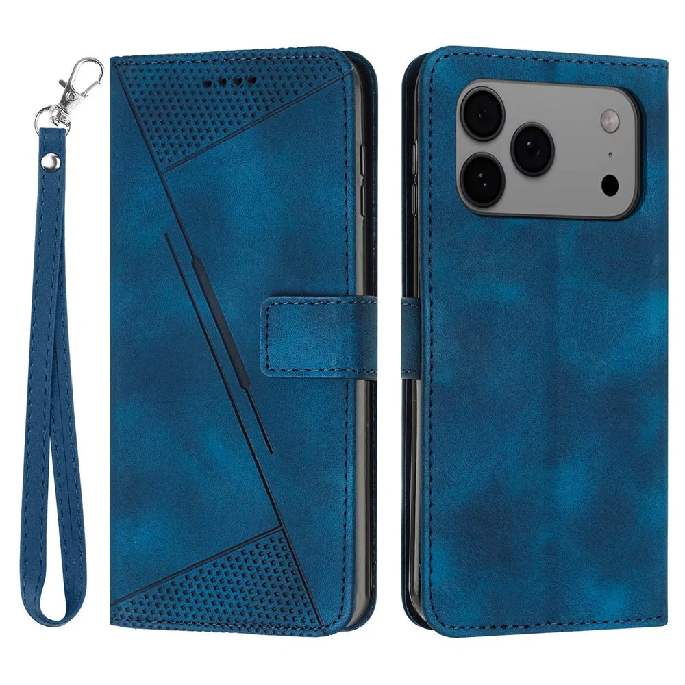 For iPhone 18 Pro Max / 17 Pro Max Leather Case Imprinted Triangle Phone Cover with Hand Strap - Sapphire - 1