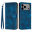 For iPhone 18 Pro Max / 17 Pro Max Leather Case Imprinted Triangle Phone Cover with Hand Strap - Sapphire - 1