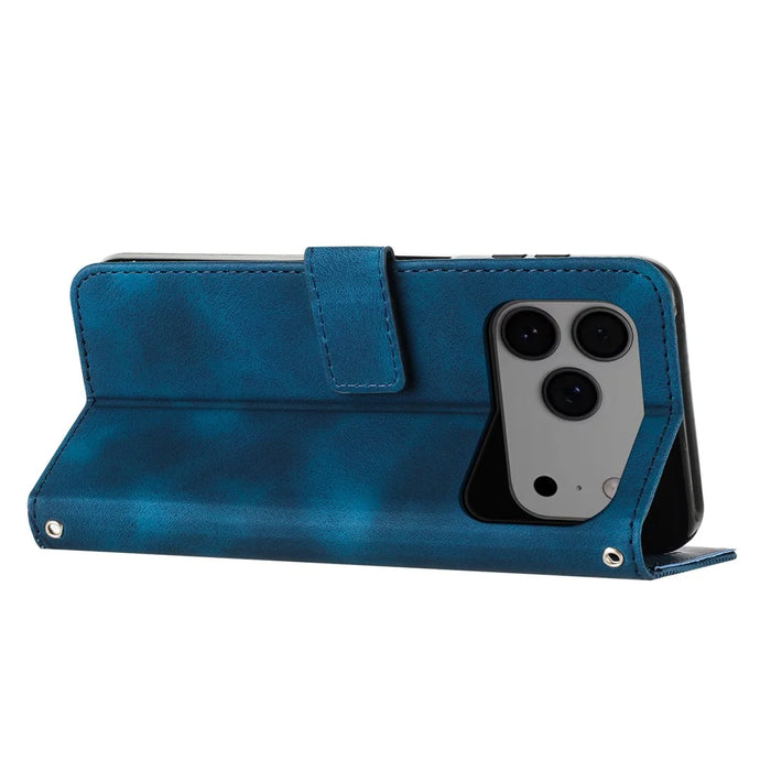 For iPhone 18 Pro Max / 17 Pro Max Leather Case Imprinted Triangle Phone Cover with Hand Strap - Sapphire - 3