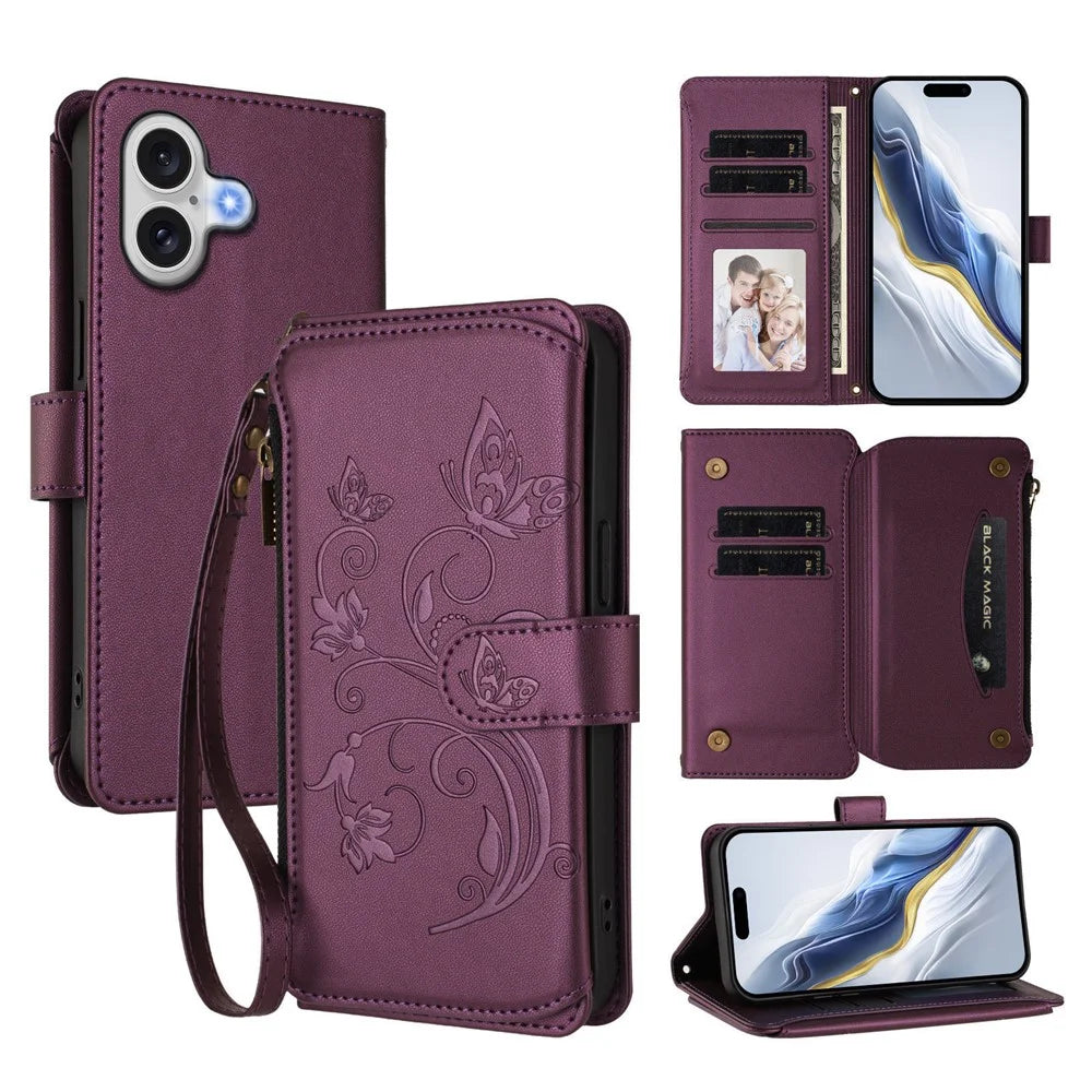 For iPhone 17 Leather Case Butterfly Floral Imprint Zipper Wallet Stand Cover with Wrist Strap - Purple - 1