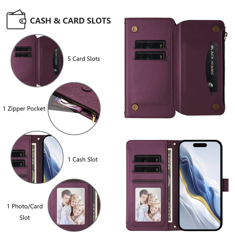 For iPhone 17 Leather Case Butterfly Floral Imprint Zipper Wallet Stand Cover with Wrist Strap - Purple - 3