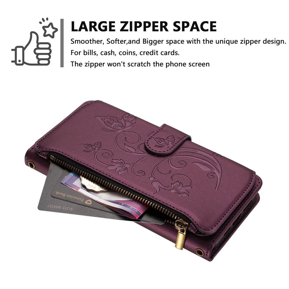 For iPhone 17 Leather Case Butterfly Floral Imprint Zipper Wallet Stand Cover with Wrist Strap - Purple - 4