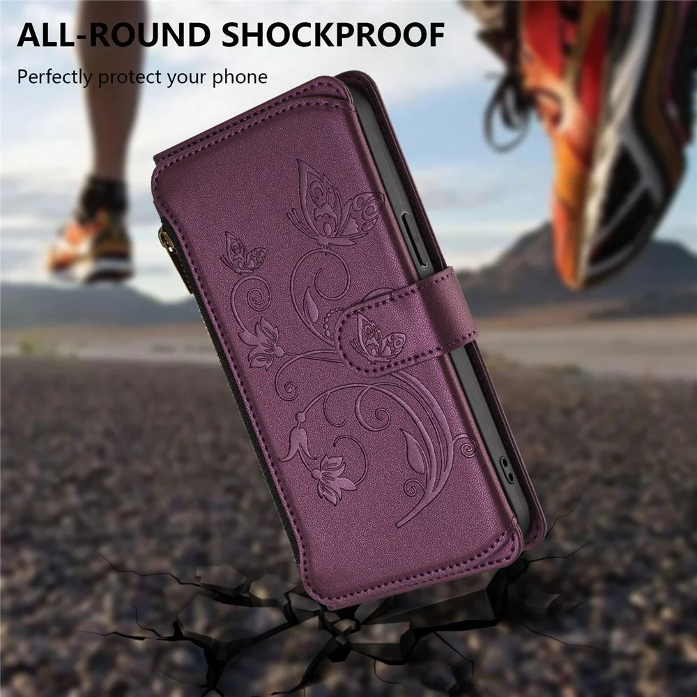 For iPhone 17 Leather Case Butterfly Floral Imprint Zipper Wallet Stand Cover with Wrist Strap - Purple - 6