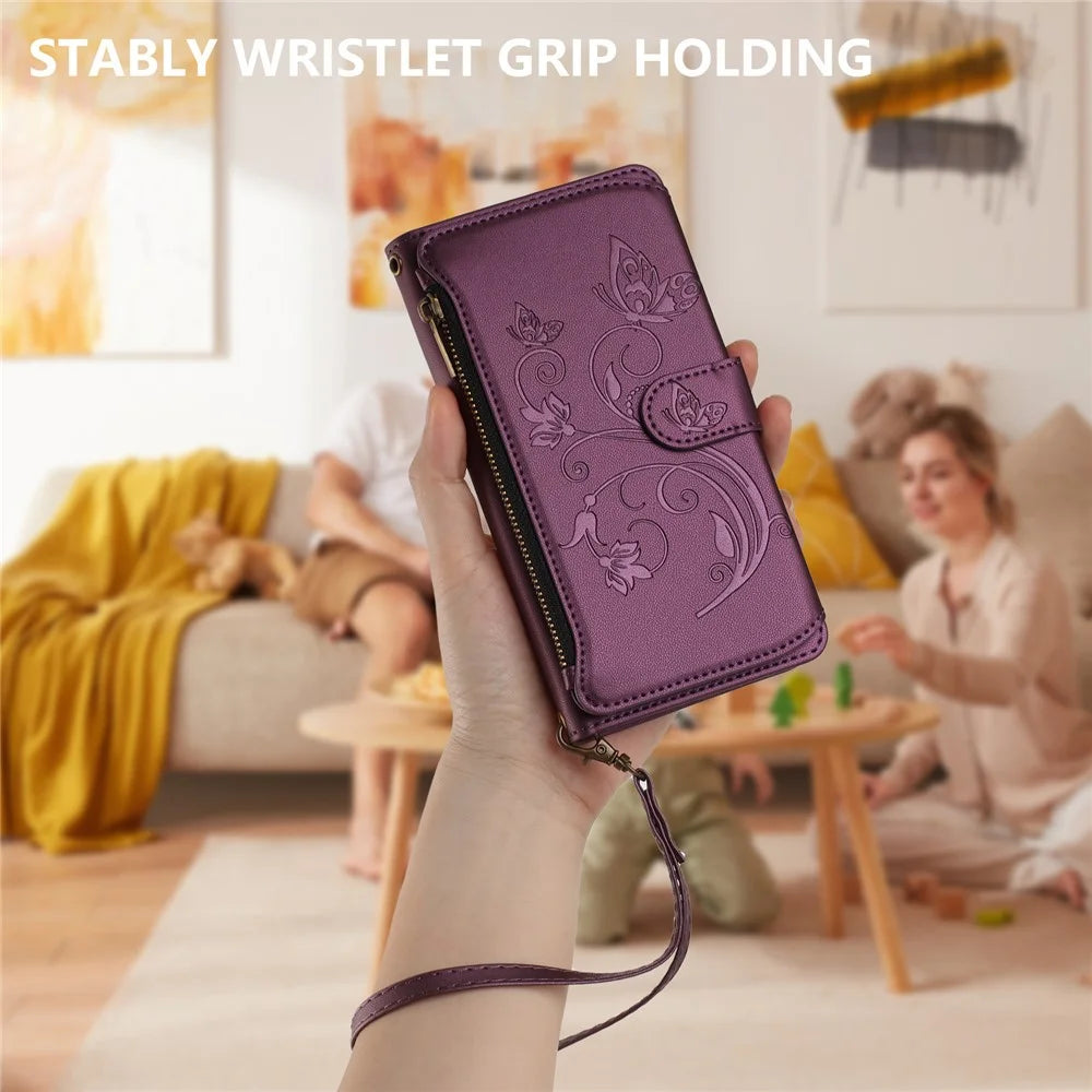 For iPhone 17 Leather Case Butterfly Floral Imprint Zipper Wallet Stand Cover with Wrist Strap - Purple - 7
