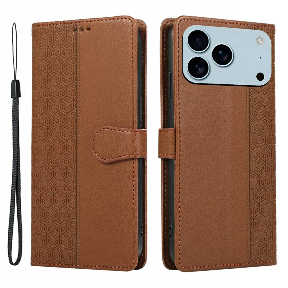 For iPhone 18 Pro Max / 17 Pro Max Case Splicing Imprinted Rhombus Leather Phone Cover with Wrist Strap - Brown - 1