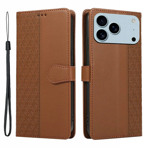 For iPhone 18 Pro / 17 Pro Case Splicing Imprinted Rhombus Leather Phone Cover with Wrist Strap - Brown - 1