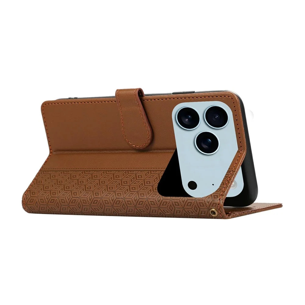 For iPhone 18 Pro / 17 Pro Case Splicing Imprinted Rhombus Leather Phone Cover with Wrist Strap - Brown - 4