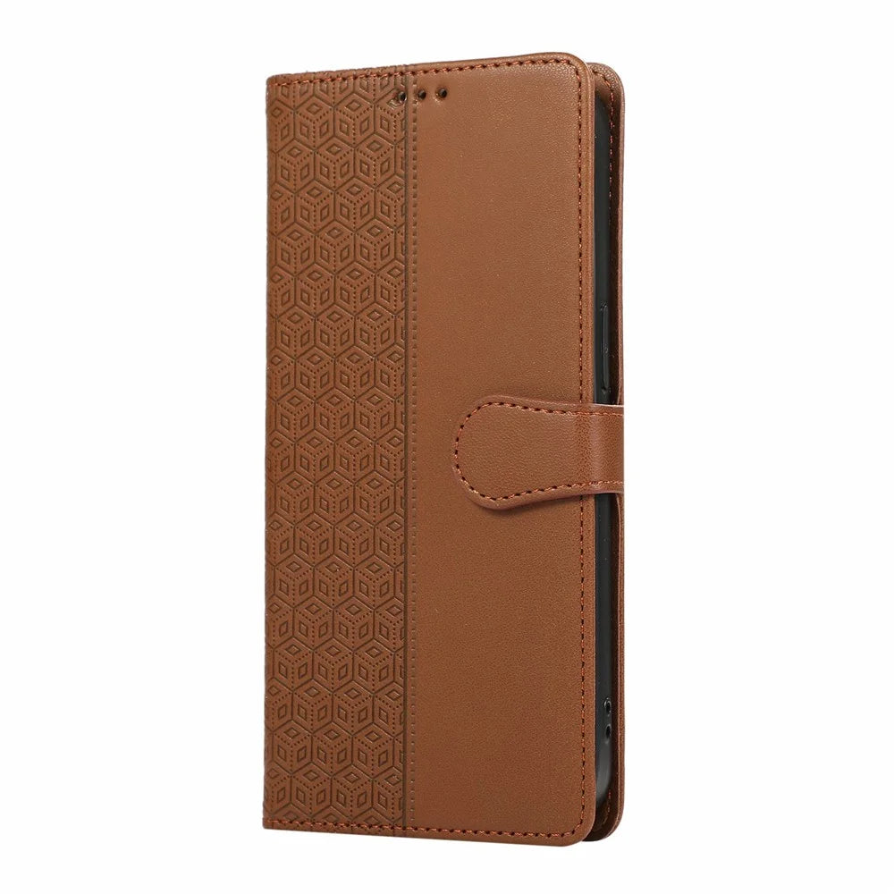 For iPhone 18 Pro / 17 Pro Case Splicing Imprinted Rhombus Leather Phone Cover with Wrist Strap - Brown - 7
