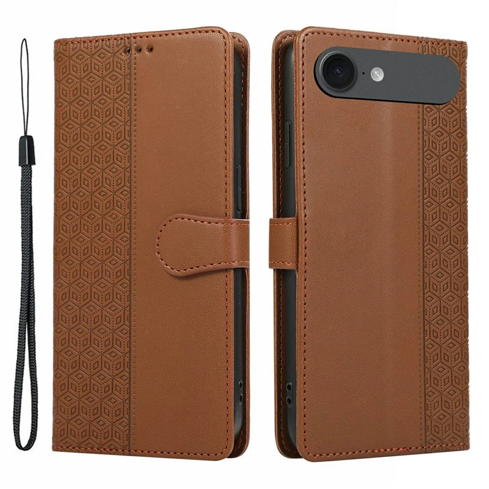 For iPhone Air Case Splicing Imprinted Rhombus Leather Phone Cover with Wrist Strap - Brown - 1