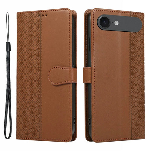 For iPhone Air Case Splicing Imprinted Rhombus Leather Phone Cover with Wrist Strap - Brown - 1