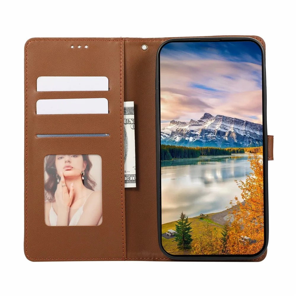 For iPhone Air Case Splicing Imprinted Rhombus Leather Phone Cover with Wrist Strap - Brown - 2