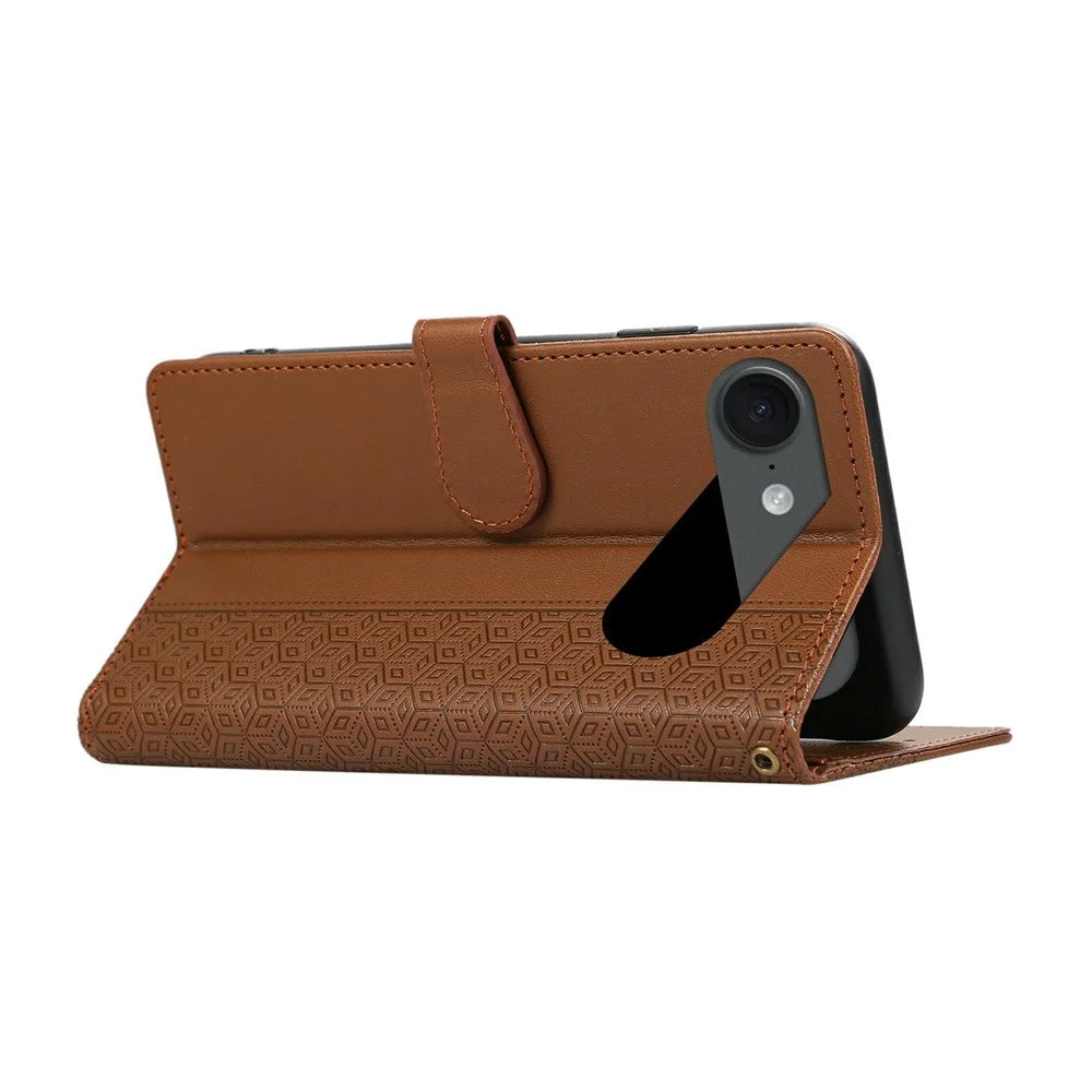 For iPhone Air Case Splicing Imprinted Rhombus Leather Phone Cover with Wrist Strap - Brown - 4