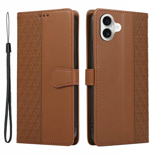 For iPhone 17 Case Splicing Imprinted Rhombus Leather Phone Cover with Wrist Strap - Brown - 1