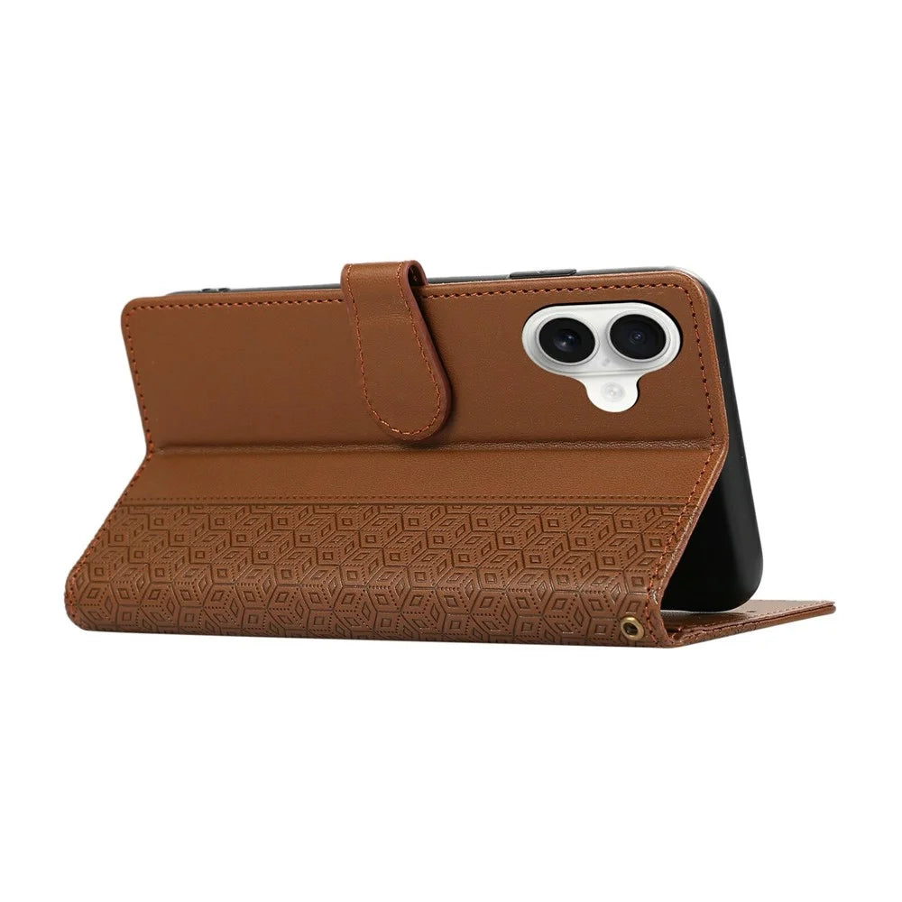 For iPhone 17 Case Splicing Imprinted Rhombus Leather Phone Cover with Wrist Strap - Brown - 4